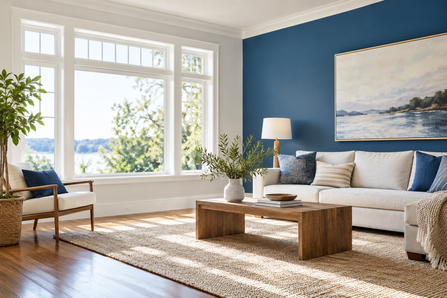 Illustrative bright living room with a blue painted wall and clean, open surfaces